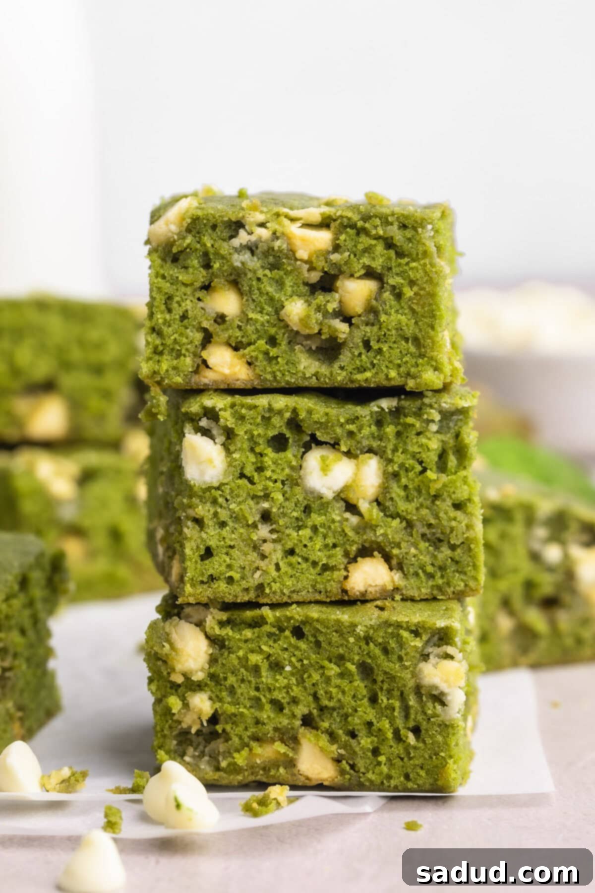 Matcha Magic White Chocolate Brownies 2 Three thick, vibrant green matcha brownies with visible white chocolate chips, stacked neatly. Other brownie squares are artfully scattered in the background.