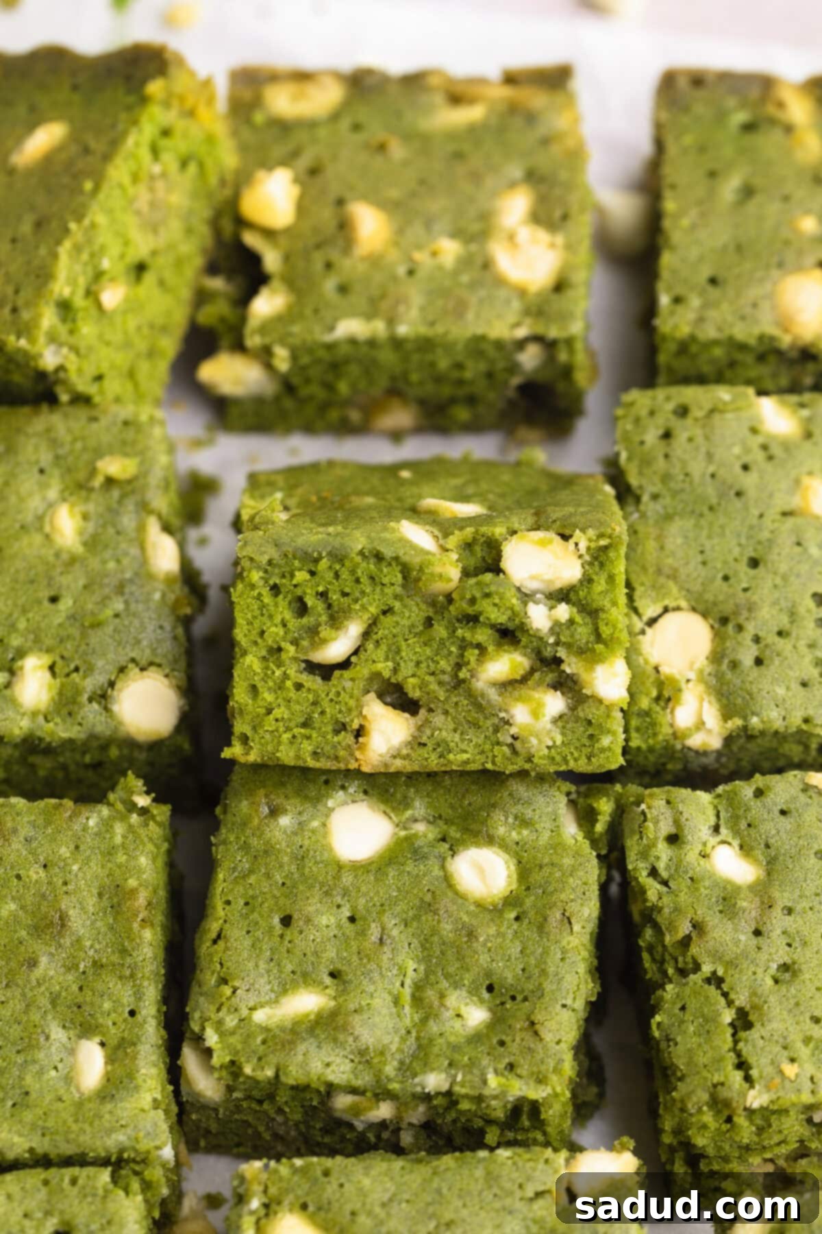 Matcha Magic White Chocolate Brownies 3 Squares of bright green matcha brownies, rich with white chocolate chips, stacked on parchment paper against a neutral kitchen countertop.