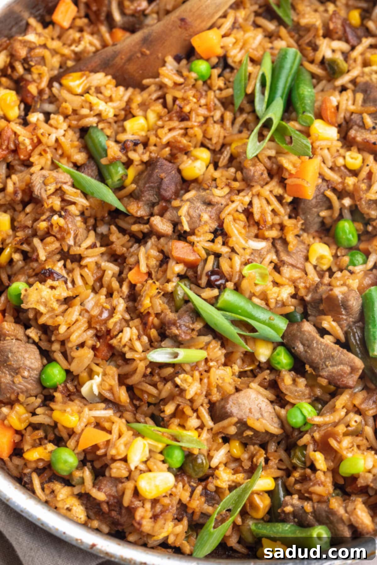 Crispy Duck Fried Rice 3 Close-up of duck fried rice in a silver skillet. The rice is dotted with green beans, green peas, and orange carrots.