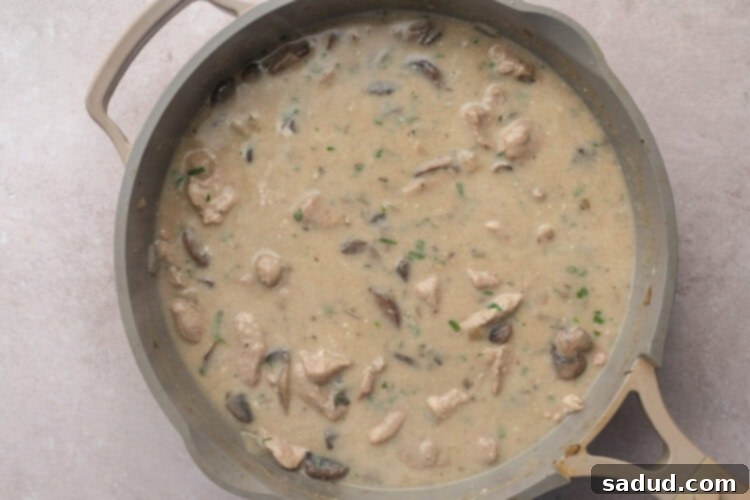 Overhead view of prepared pork stroganoff in a large skillet.