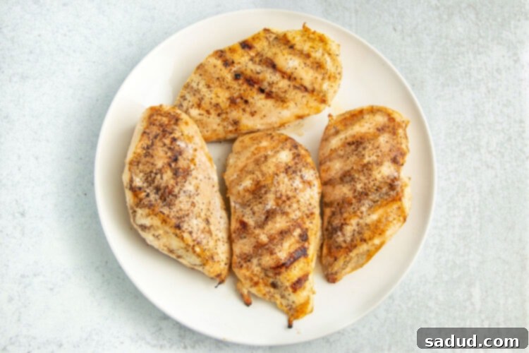 Grilled chicken breasts on a round white plate.