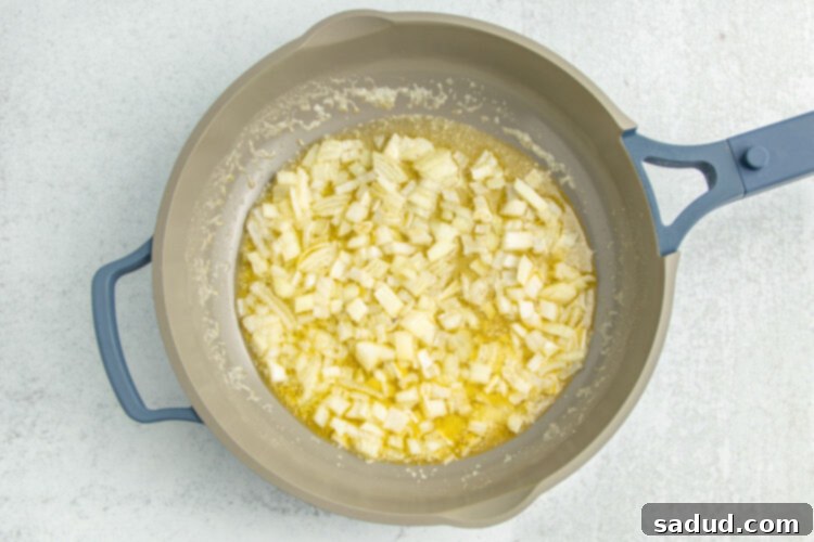 Melted butter and onions in a large skillet.