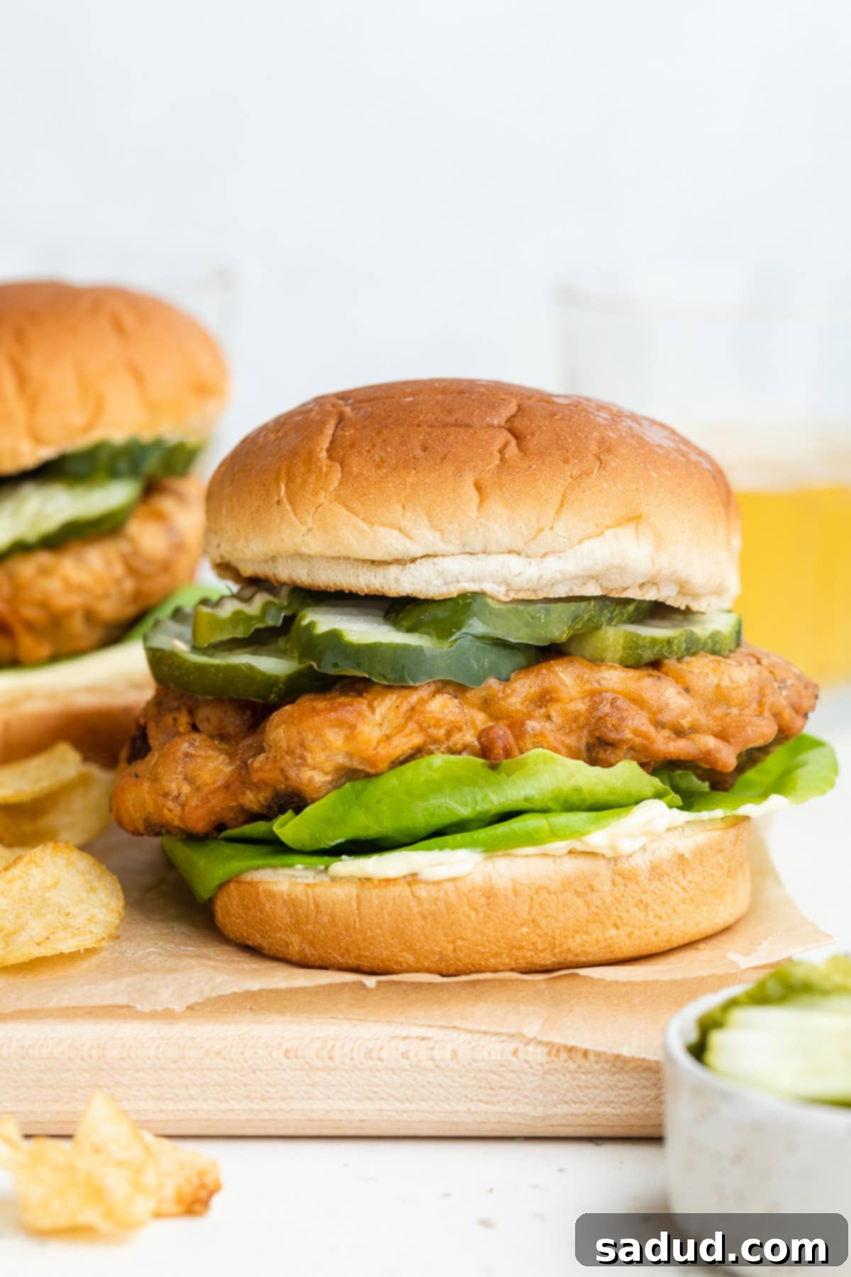 Side view of a fried vegan chicken sandwich with lettuce, mayo, and pickles on a serving tray.