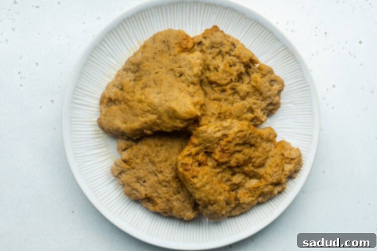 Vegan chicken fillets made from seitan and boiled in vegetable broth, resting on a plate.