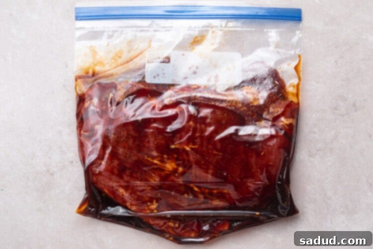 Flank steak and marinade sealed in a large ziploc bag, ready for sous vide.