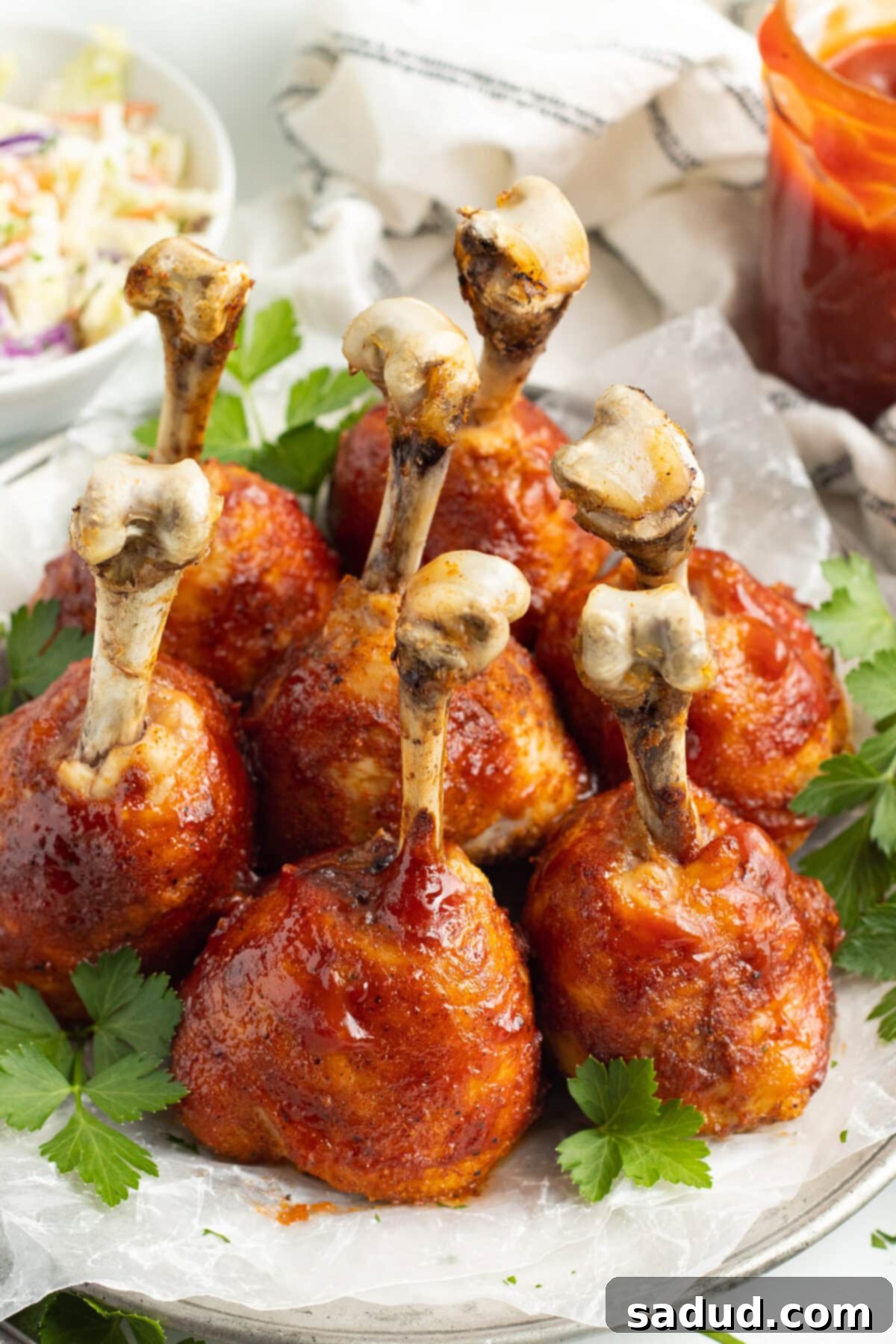 Overhead, angled view of lollipop chicken legs standing upright on a plate.