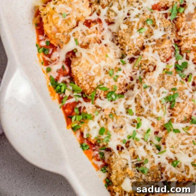 Irresistible Shrimp Parmesan 4 Top down view of a casserole dish of shrimp parmesan.