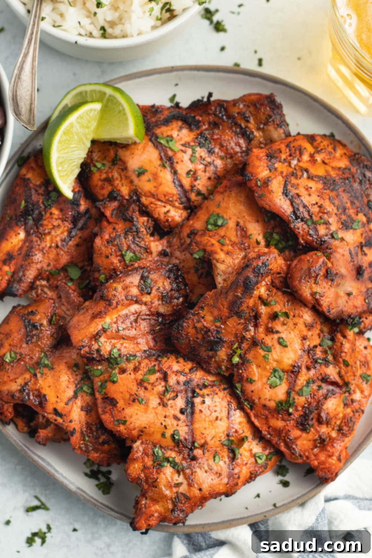 Overhead view of achiote chicken on a white plate, showcasing its vibrant color and juicy texture.