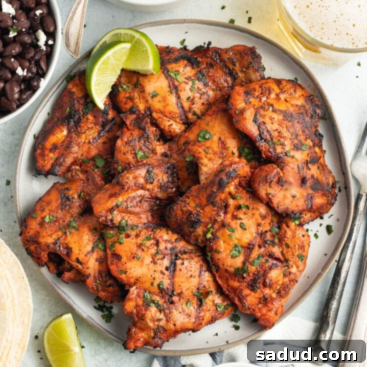 Overhead view of achiote chicken on a white plate, ready for serving.