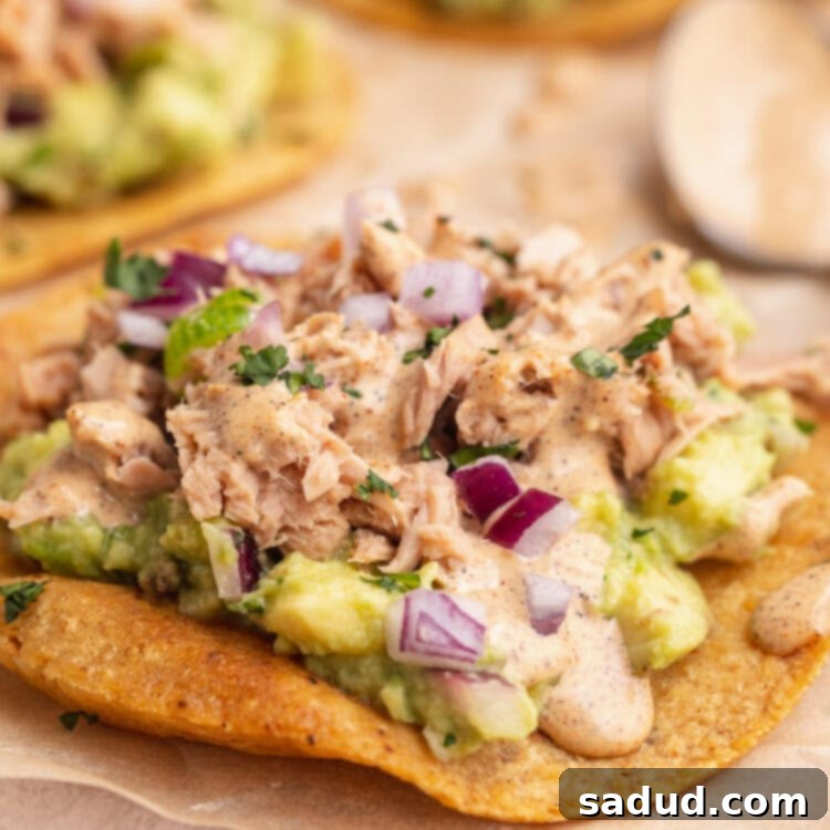 Side view of a crisp tostada topped with tuna, guac, and fresh toppings.