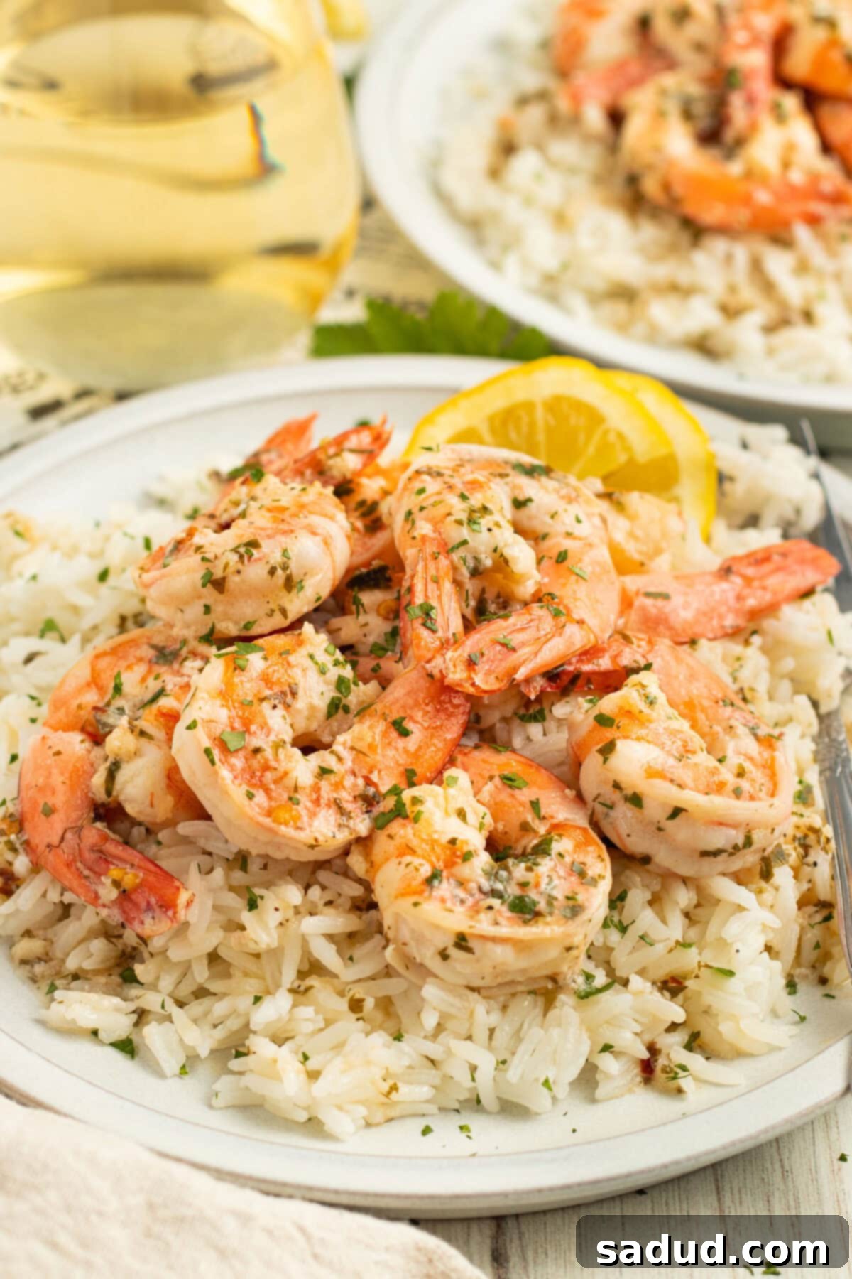 Garlic Butter Shrimp Scampi Over Fluffy Rice 2 Shrimp scampi on a bed of rice on a white plate.