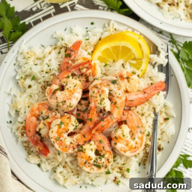 Garlic Butter Shrimp Scampi Over Fluffy Rice 4 Overhead view of shrimp scampi on a plate of white rice.