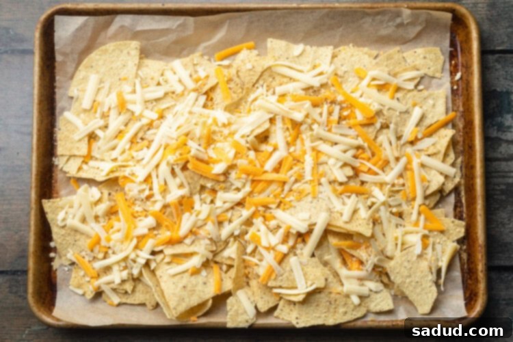 Tortilla chips topped with shredded cheese on a baking sheet.