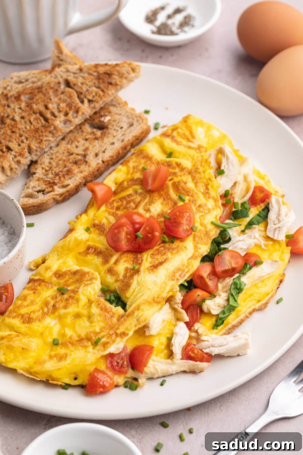 Savory Chicken Omelette 2 Angled view of a folded chicken omelette with tomatoes, cheese, spinach, and chicken.