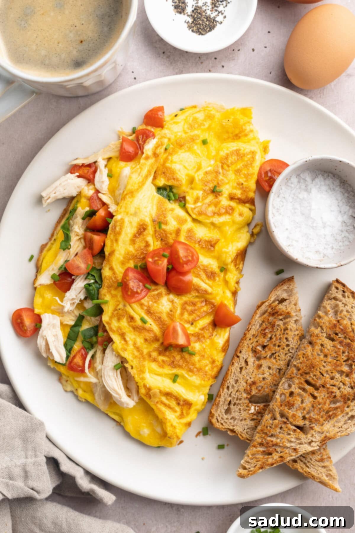 Savory Chicken Omelette 3 Overhead look at a folded chicken omelette with fresh spinach and diced tomatoes on a plate with whole wheat toast.