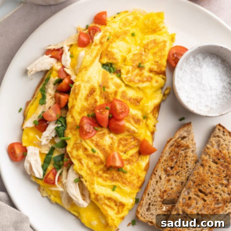 Savory Chicken Omelette 4 Overhead look at a folded chicken omelette with fresh spinach and diced tomatoes on a plate with whole wheat toast.