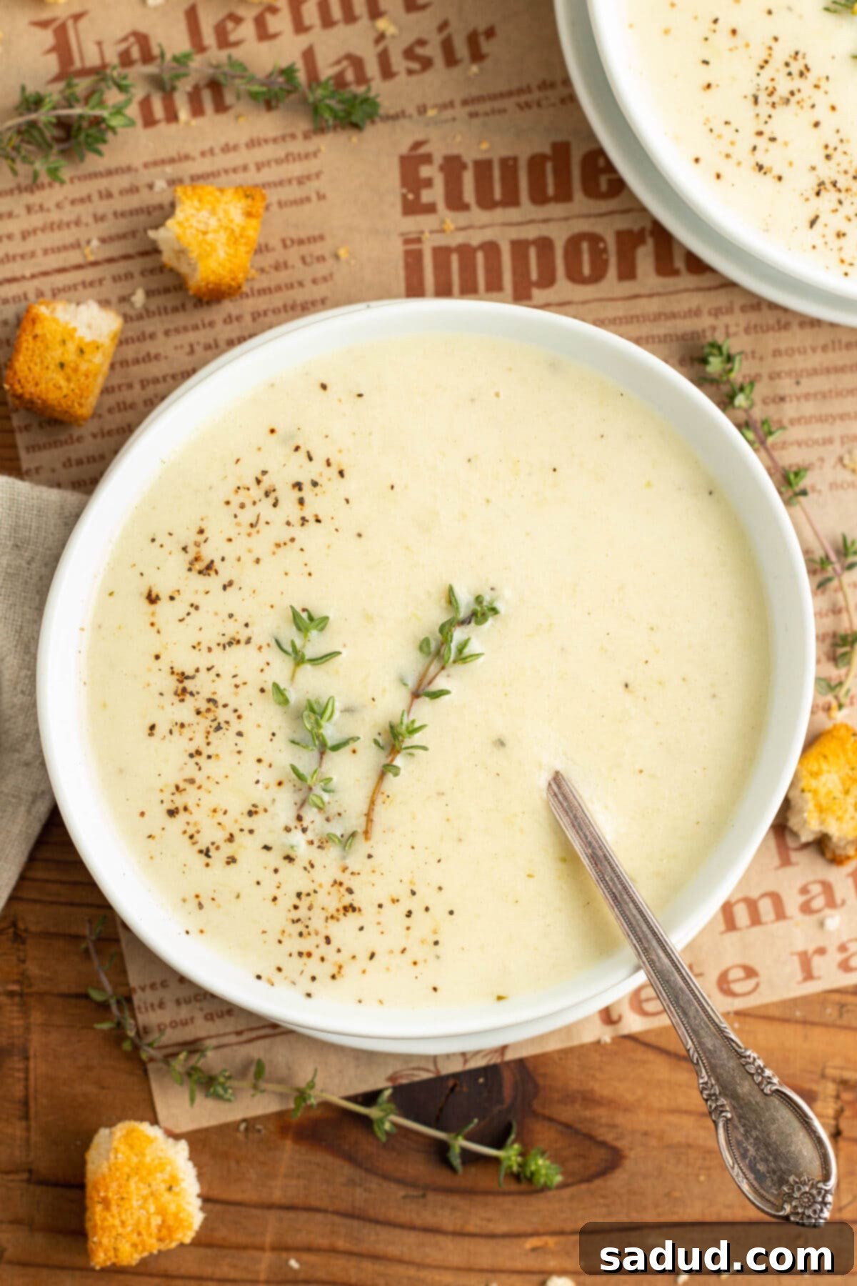 Top-down view of a bowl of rich cream of onion soup, garnished with fresh herbs.