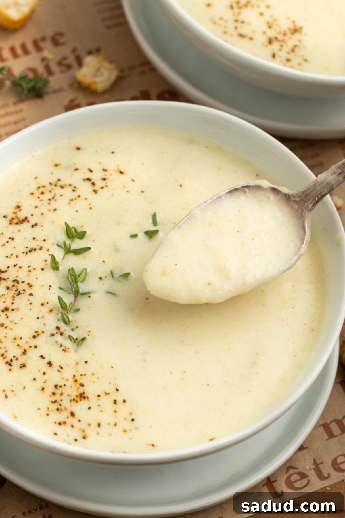 A spoonful of rich, creamy onion soup being lifted out of a white bowl, showing its smooth texture.