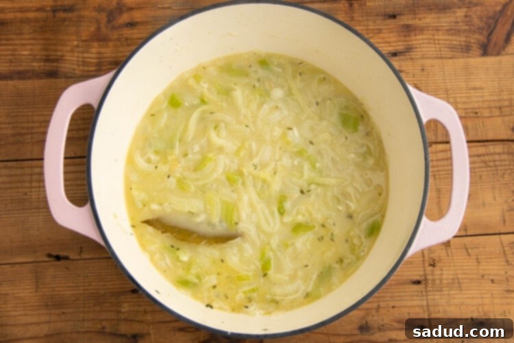 Chicken broth and remaining ingredients added to large pot for cream of onion soup.