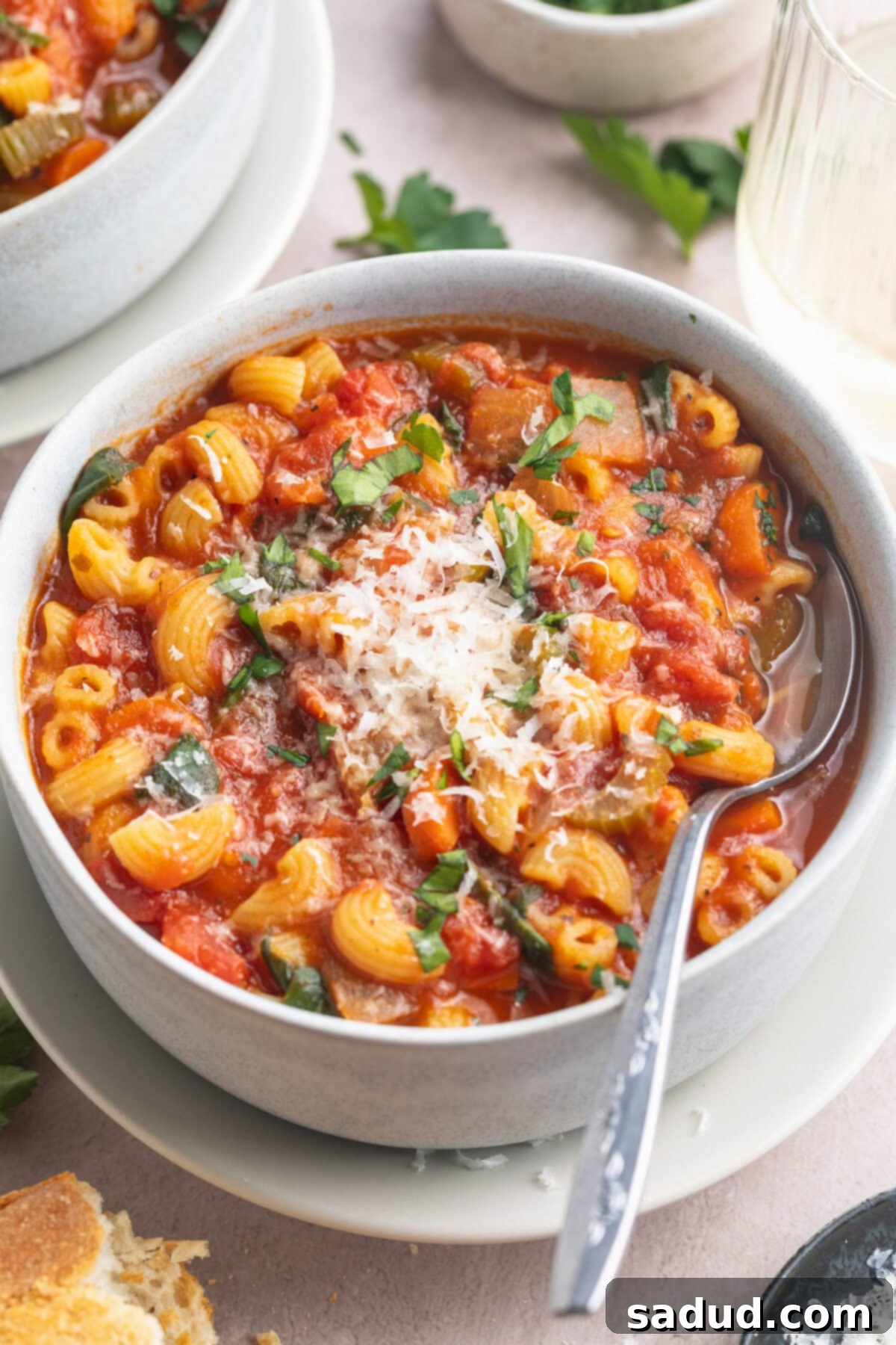 View of a large white bowl of tomato florentine soup, garnished with fresh herbs and a sprinkle of Parmesan cheese.