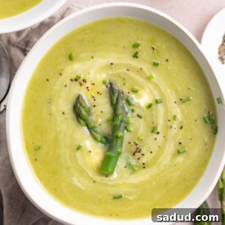 Top-down, overhead view of a white, misshapen round bowl holding pale green creamy potato soup garnished with asparagus stalks.