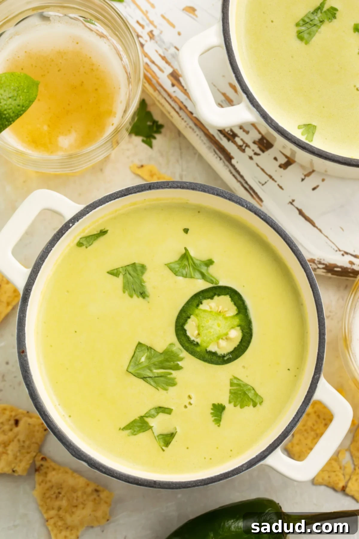 Silky Jalapeño Bliss 2 Overhead view of 2 bowls with handles holding light green cream of jalapeño soup garnished with a sliced of jalapeño and fresh parsley.