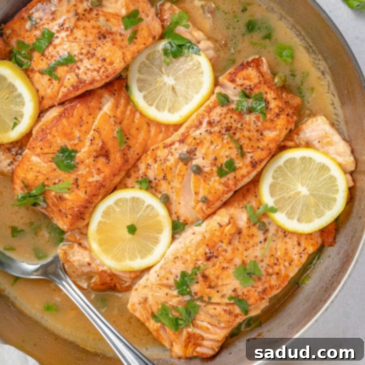 4 salmon fillets in a large silver saucepan with lemon discs and a butter sauce.