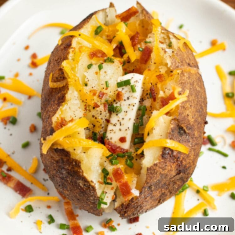 Overhead view of a smoked baked potato topped with cheese and bacon on a white plate.
