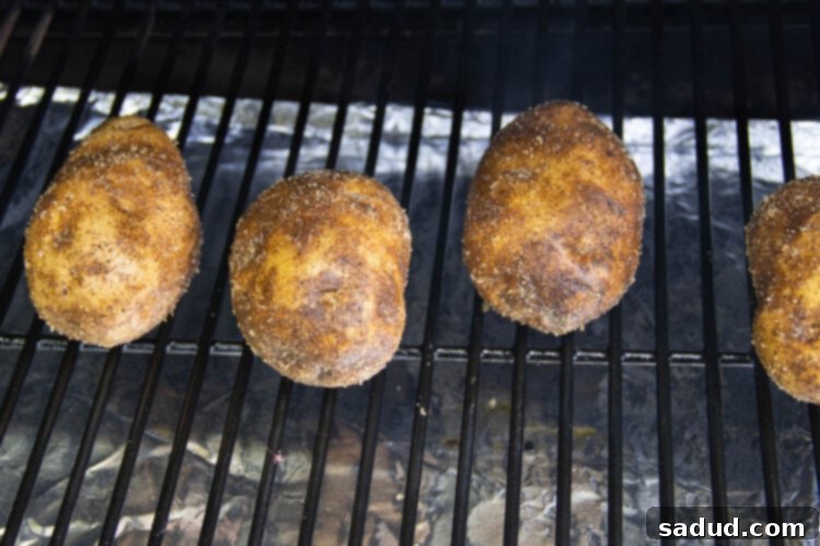 Potatoes on a smoker grate.