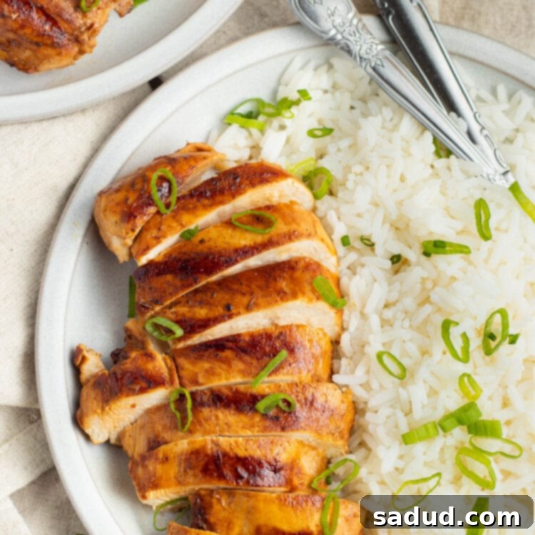Top-down view of grilled chicken adobo, sliced and arranged on a platter with rice.