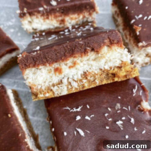 Vegan Chocolate Coconut Almond Delights 3 A slice of the raw almond joy bars on a plate, showcasing the distinct layers.