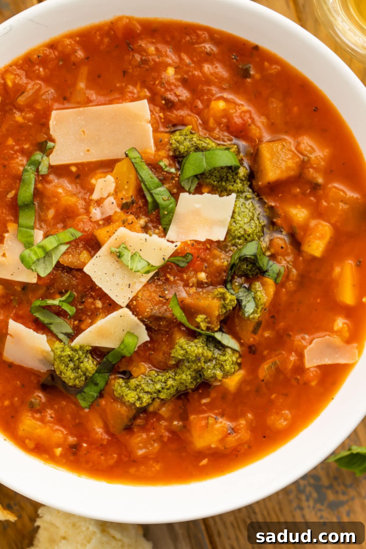 Close-up of a bowl of ratatouille soup topped with fresh basil leaves and parmesan.