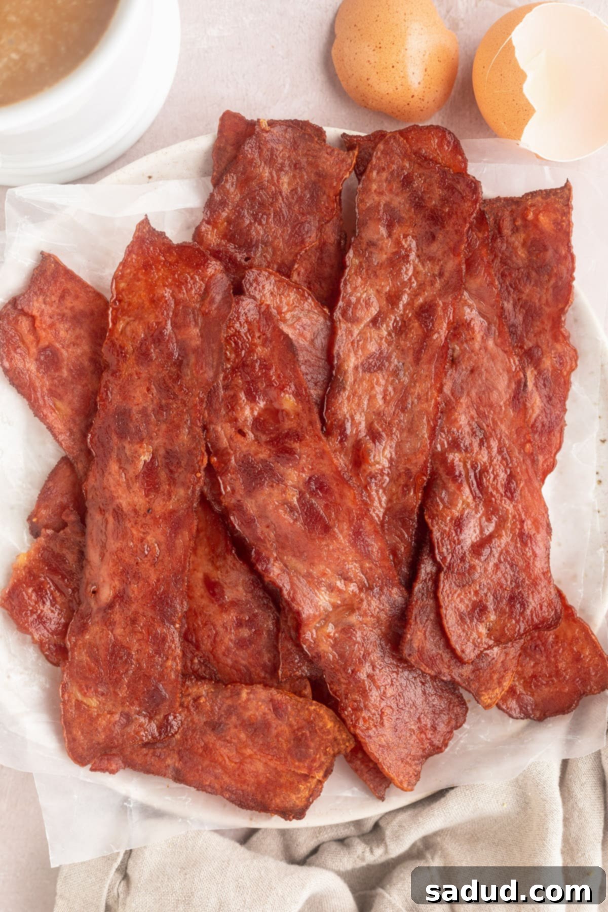 Strips of crispy air fryer turkey bacon piled on a round white plate.