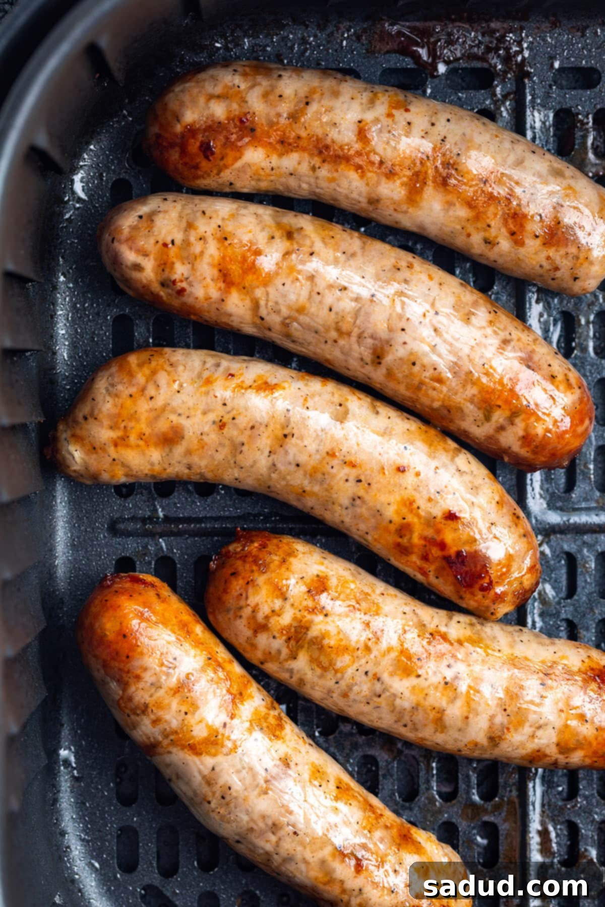 Crispy Air Fryer Italian Sausage 2 Overhead view of 5 Italian sausages in an air fryer basket.