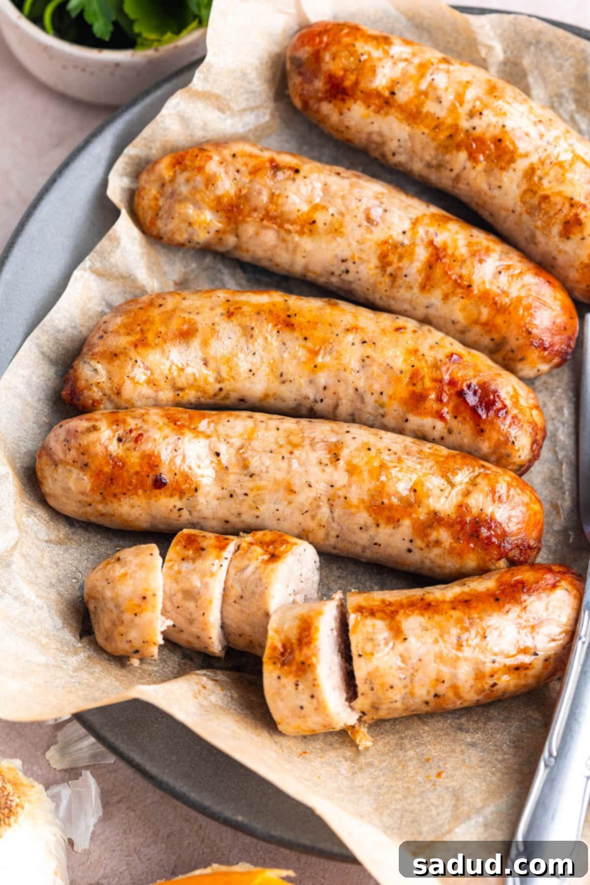 Crispy Air Fryer Italian Sausage 3 5 Italian sausages on a plate lined with parchment paper. One of the sausages is sliced into thick discs.