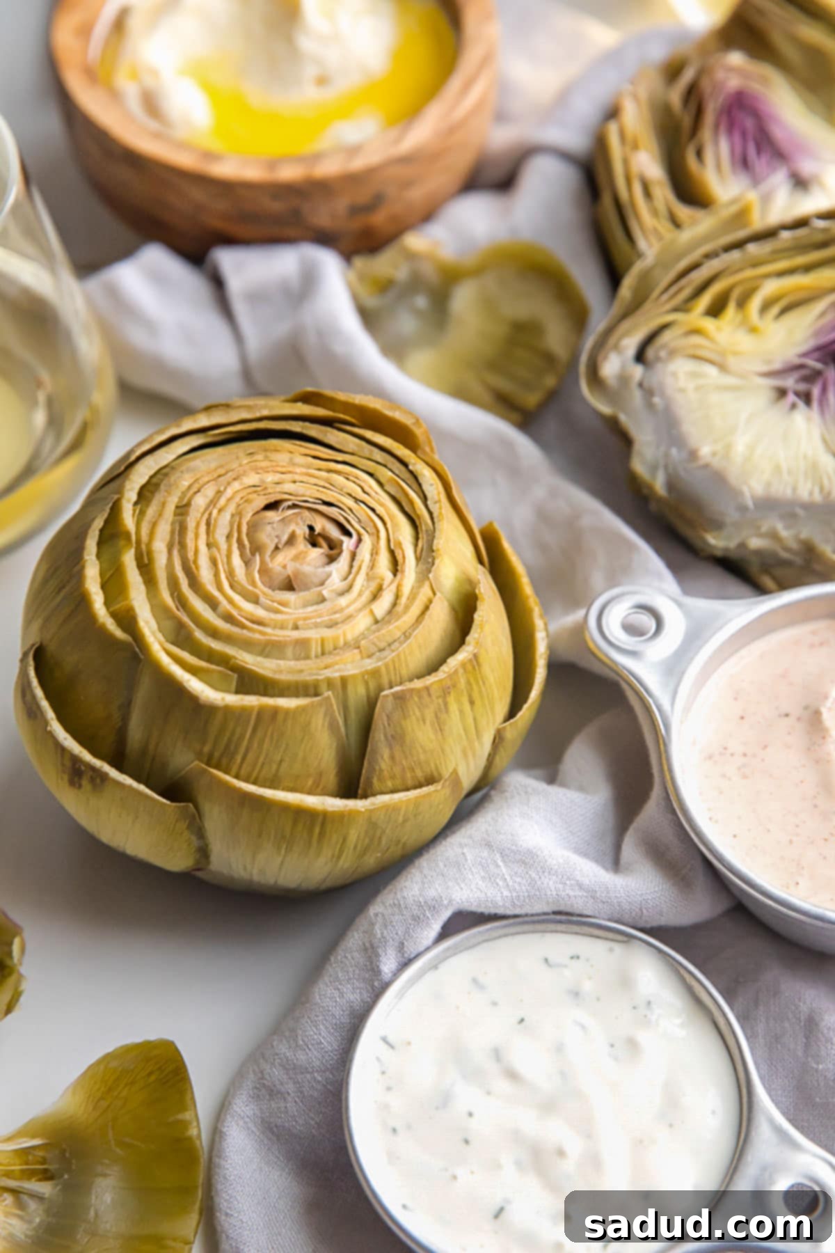 Boiled artichokes with three types of dipping sauces, beautifully arranged on a platter.