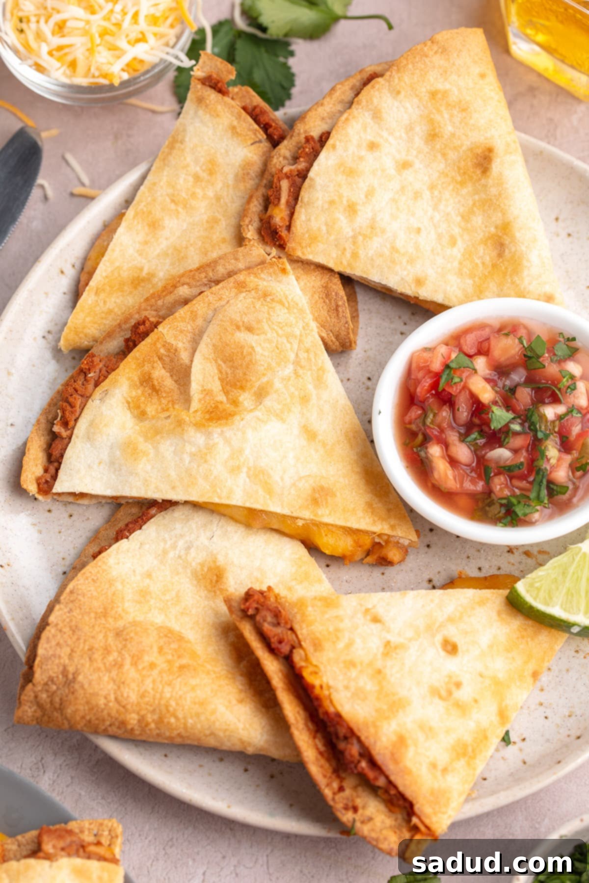 Crispy, golden-brown, triangle-shaped air fryer quesadilla slices on a plate with a ramekin of chunky pico de gallo.