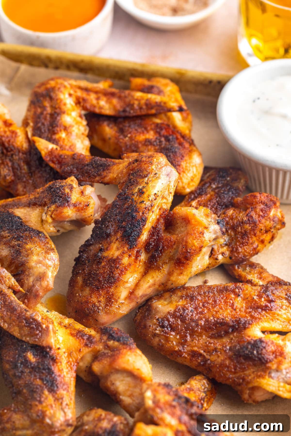 Whole chicken wings on a baking sheet lined with parchment paper next to a ramekin of ranch dressing.