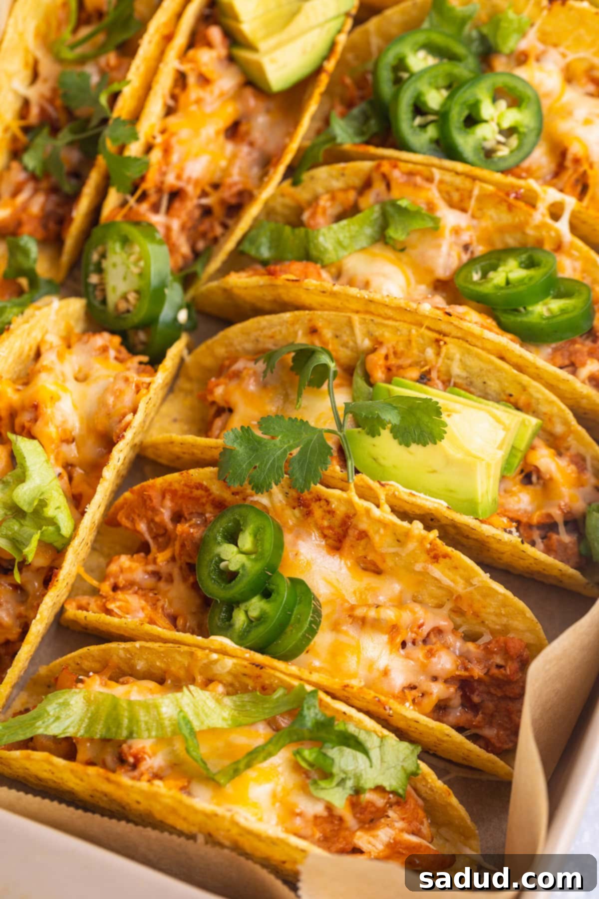 Overhead, close-up view of several baked chicken tacos in crunchy shells with avocados and jalapenos on top.