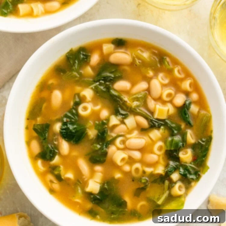 Zoomed-out, overhead view of a white soup bowl filled with escarole soup, made up of short tube noodles, beans, and greens.