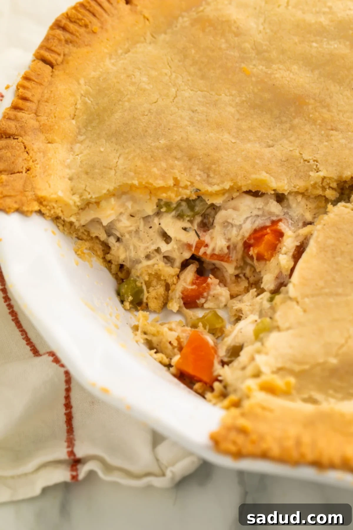 A close-up look at a gluten free chicken pot pie with a triangular slice of pie taken out of the pie plate, showing the creamy filling and golden crust.