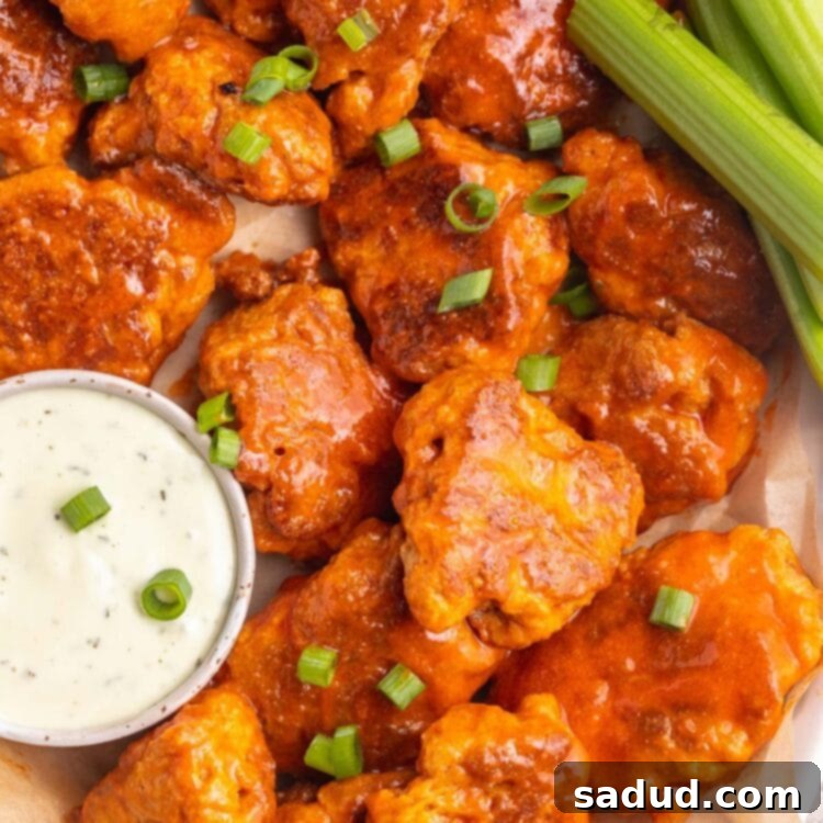 A close-up shot of perfectly baked and sauced vegan seitan wings on a white plate, ready to be enjoyed.