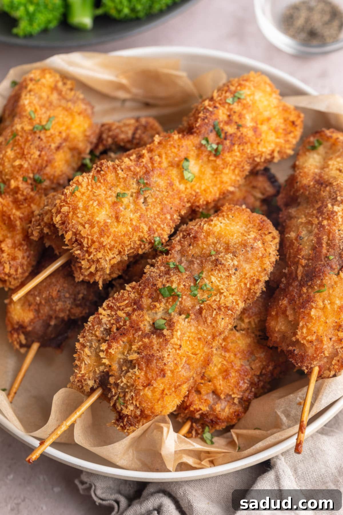 Golden-brown mock chicken legs, perfectly skewered and ready to be enjoyed, displayed on a plate.