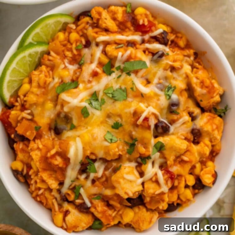 Instant Pot Chicken and Bean Fiesta Bowls 4 Overhead photo of a chicken burrito bowl with rice, cooked in the Instant Pot, on a table surrounded by lime wedges and a glass of white wine.