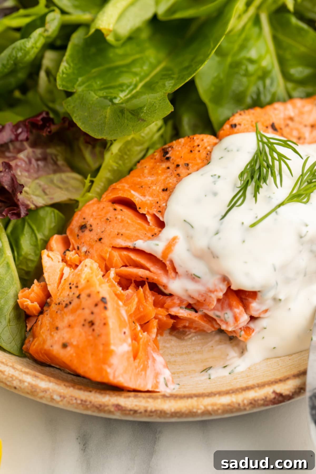 Perfect 10-Minute Air Fryer Salmon 3 Another stunning view of an air-fried salmon fillet, served with a fresh side salad and a dollop of creamy dill sauce. The image emphasizes the beautiful golden-brown exterior and moist interior of the perfectly cooked salmon.