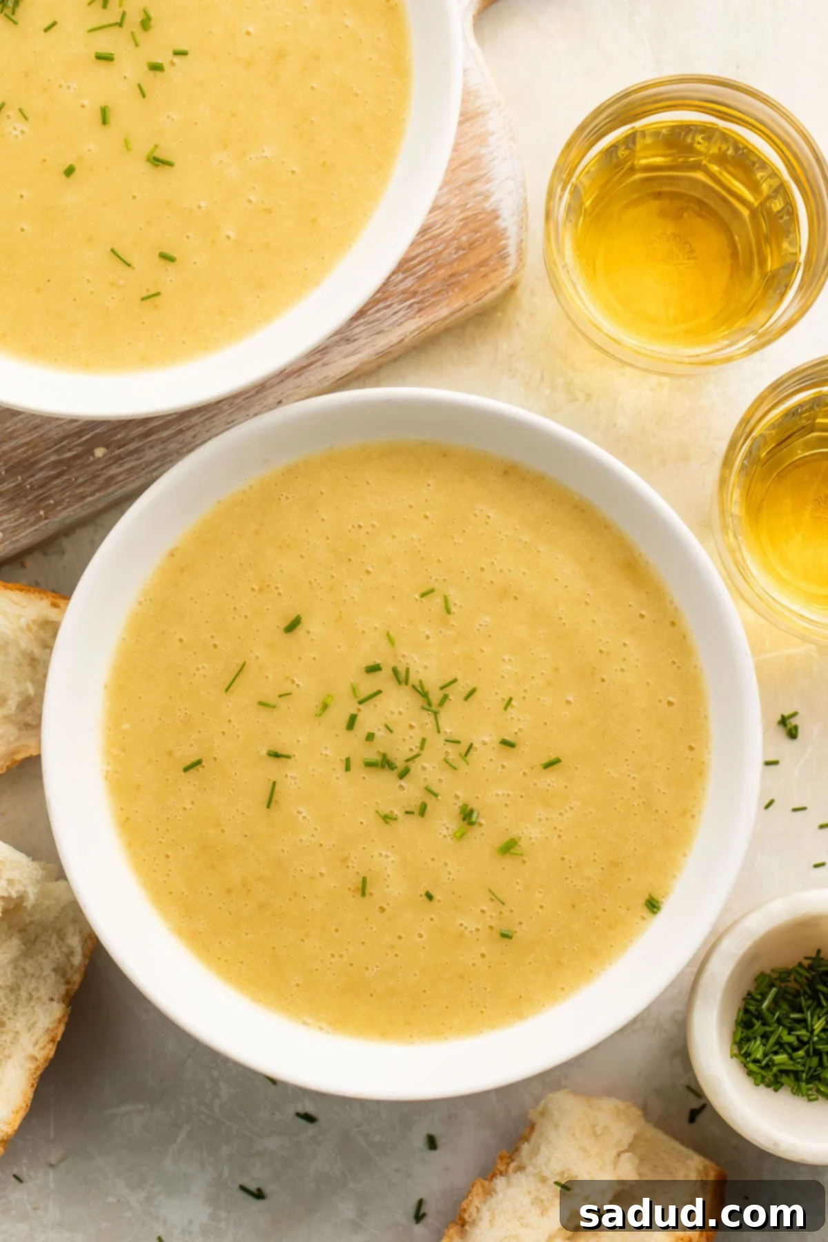 Bowls of yellow, creamy potato leek soup cooked in an Instant Pot on a table top with pieces of crusty bread surrounding.
