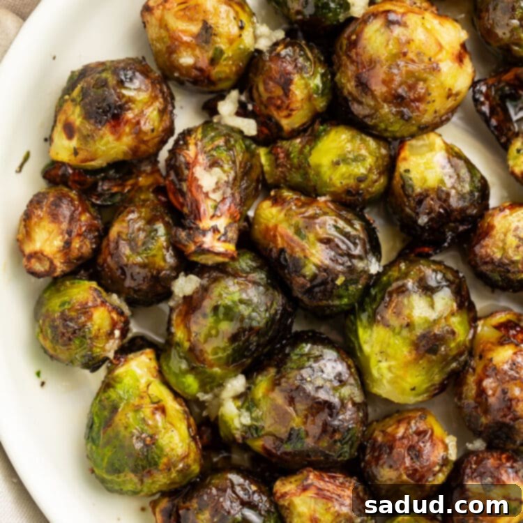 Air fryer frozen brussels sprouts on a large white plate.