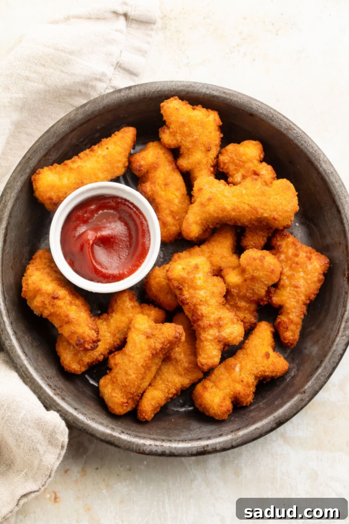 Perfectly Crispy Air Fryer Dino Nuggets 3 Air fryer dino nuggets on a plate with a small ramekin of ketchup.