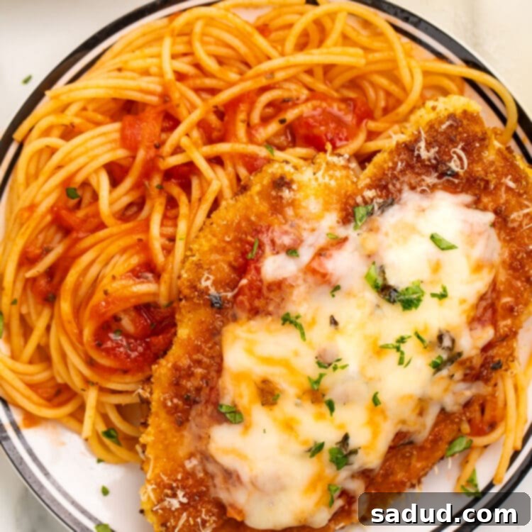Gluten free chicken parmesan on a large plate with gluten free spaghetti and tomato sauce.