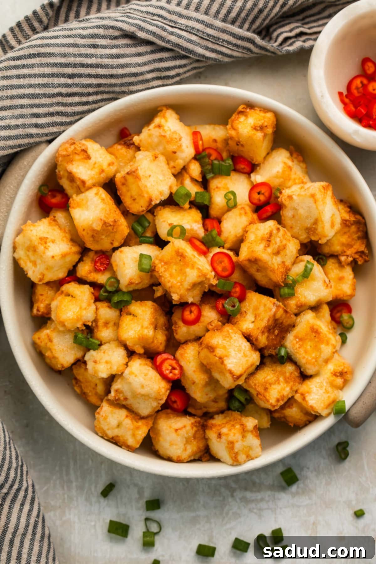 Overhead photo of a bowl of crispy breaded squares of tofu mixed with green onions and red chilies, ready to serve.